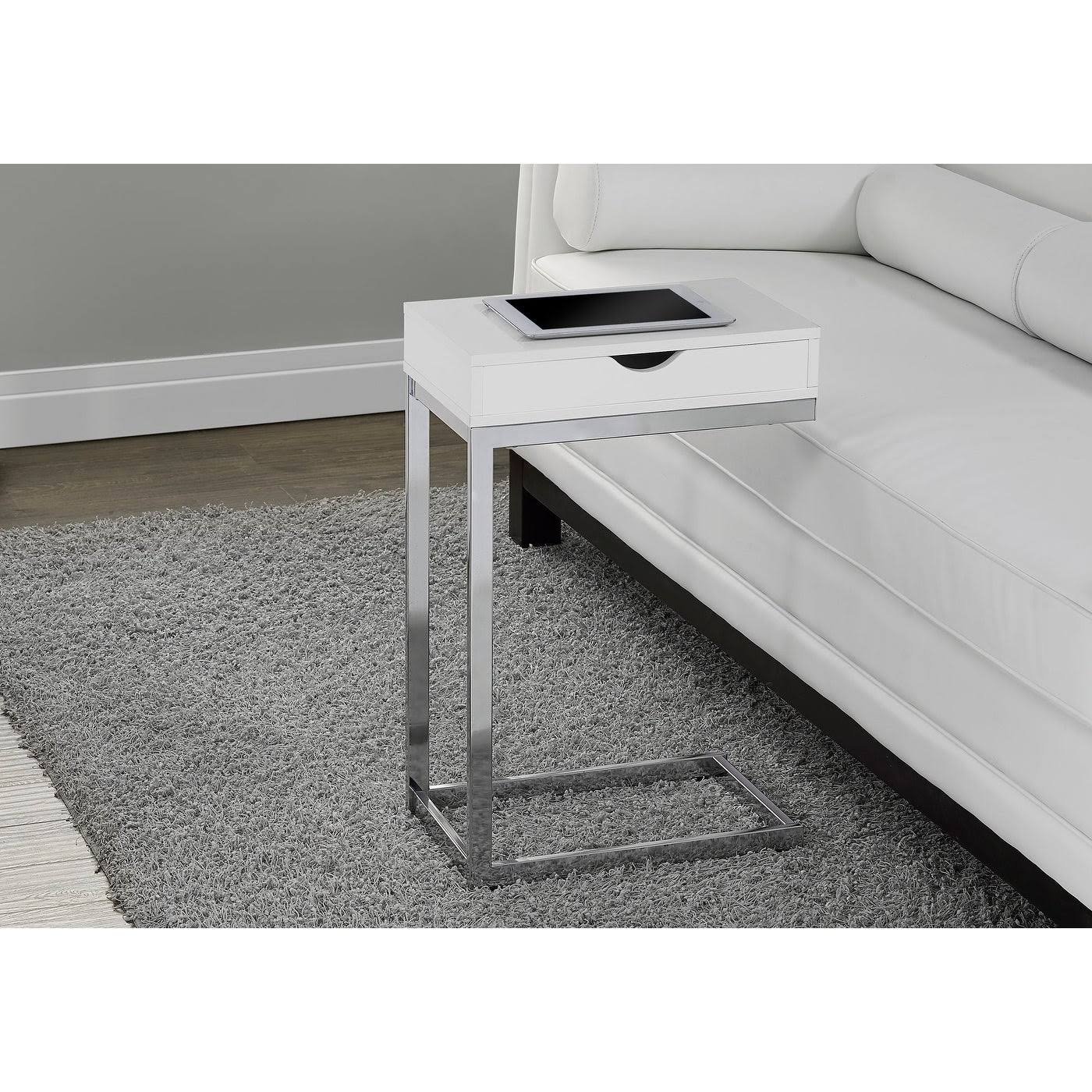 Glossy White Chrome Metal Accent Table with Drawer P52802