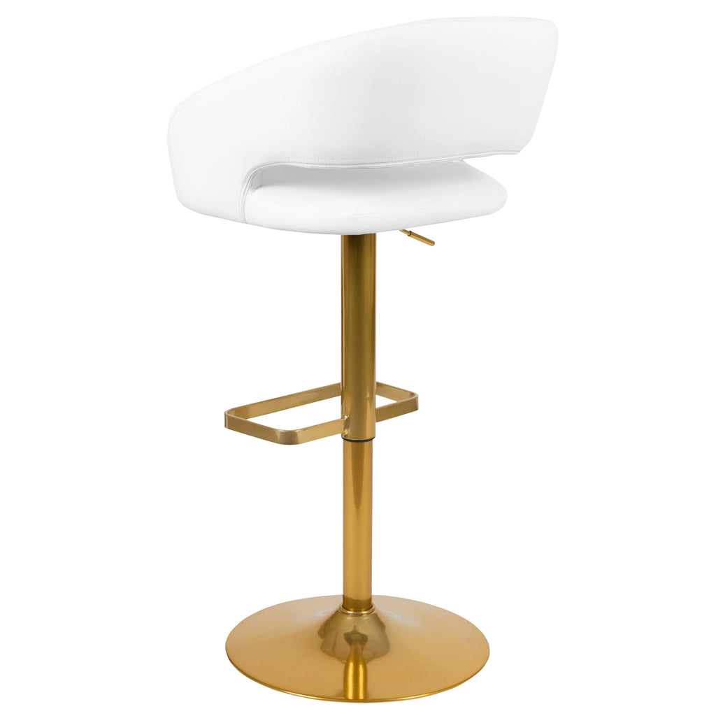 White Vinyl Upholstered Adjustable Height Barstool with Gold Pedestal Base B443347