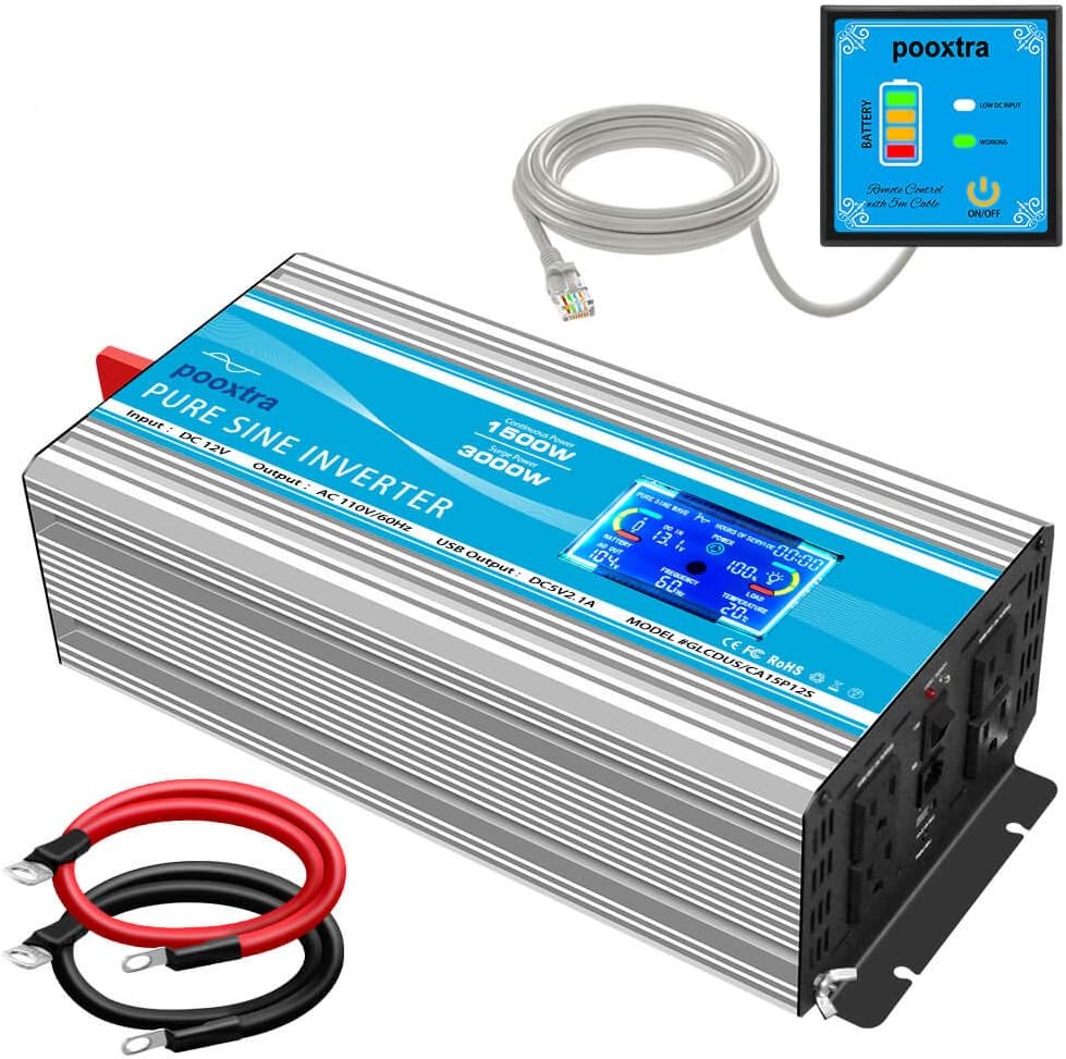 1500 Watt Pure Sine Wave Power Inverter 12V DC to 110V AC with LCD Display USB Port 4 AC Outlets N938281