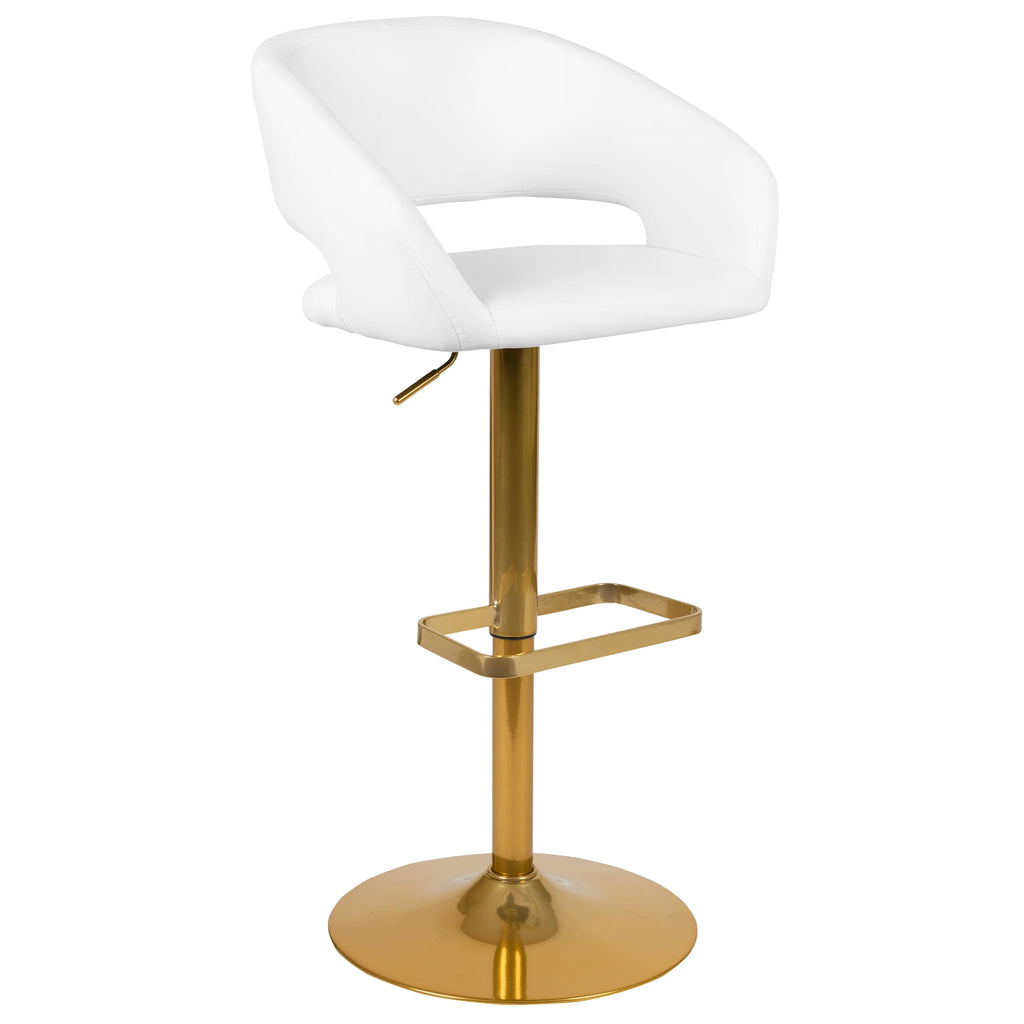 White Vinyl Upholstered Adjustable Height Barstool with Gold Pedestal Base B443347