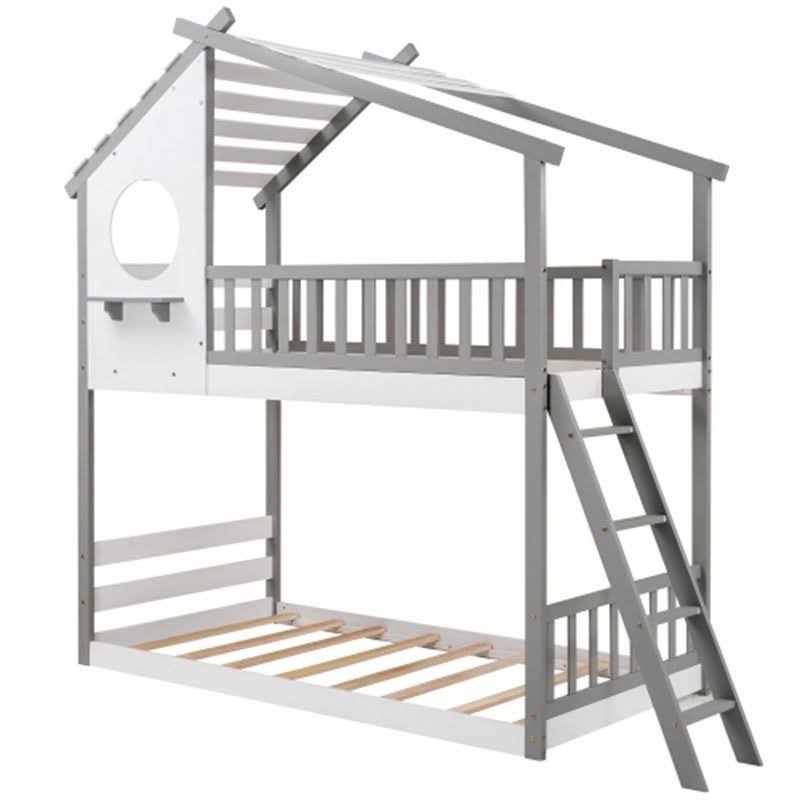 Gray Twin Over Twin Solid Wood Bunk Bed with Ladder L82019