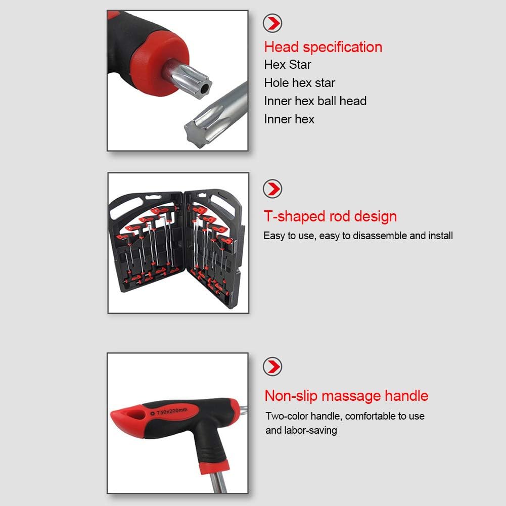 16 pcs T-Handle Hex Wrench Set, Ball End, 75mm-200mm, T10-T50 H255222