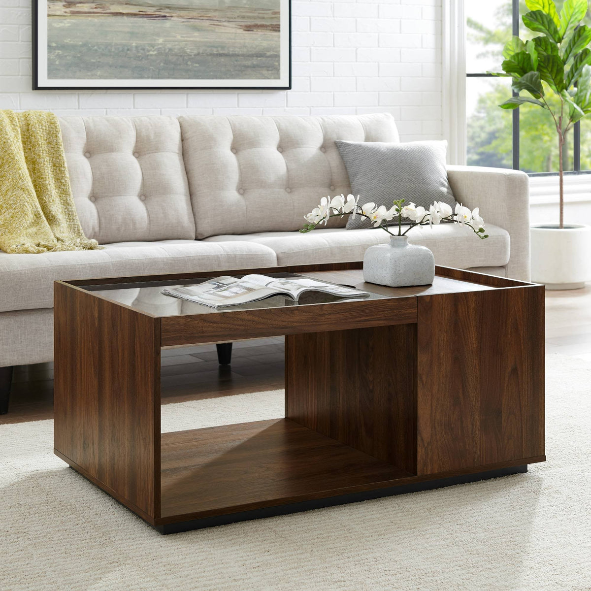 Dark Walnut Glass Top Storage Coffee Table P330