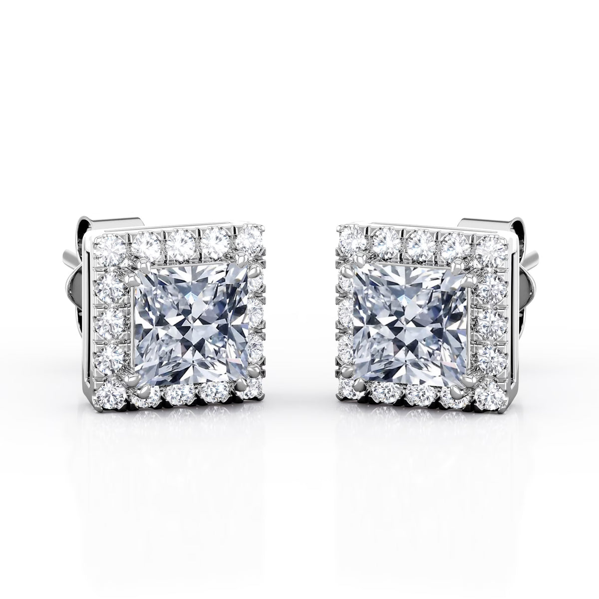 Double Prong 0.43 Carat Princess Cut Diamond Halo Stud Earrings in 10K White Gold V164683
