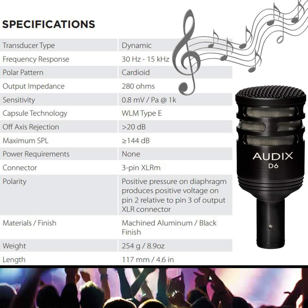 Audix D6 Dynamic Microphone, Cardioid + Low Profile Microphone Stand with Telescoping Boom + XLR Mic Cable D3881