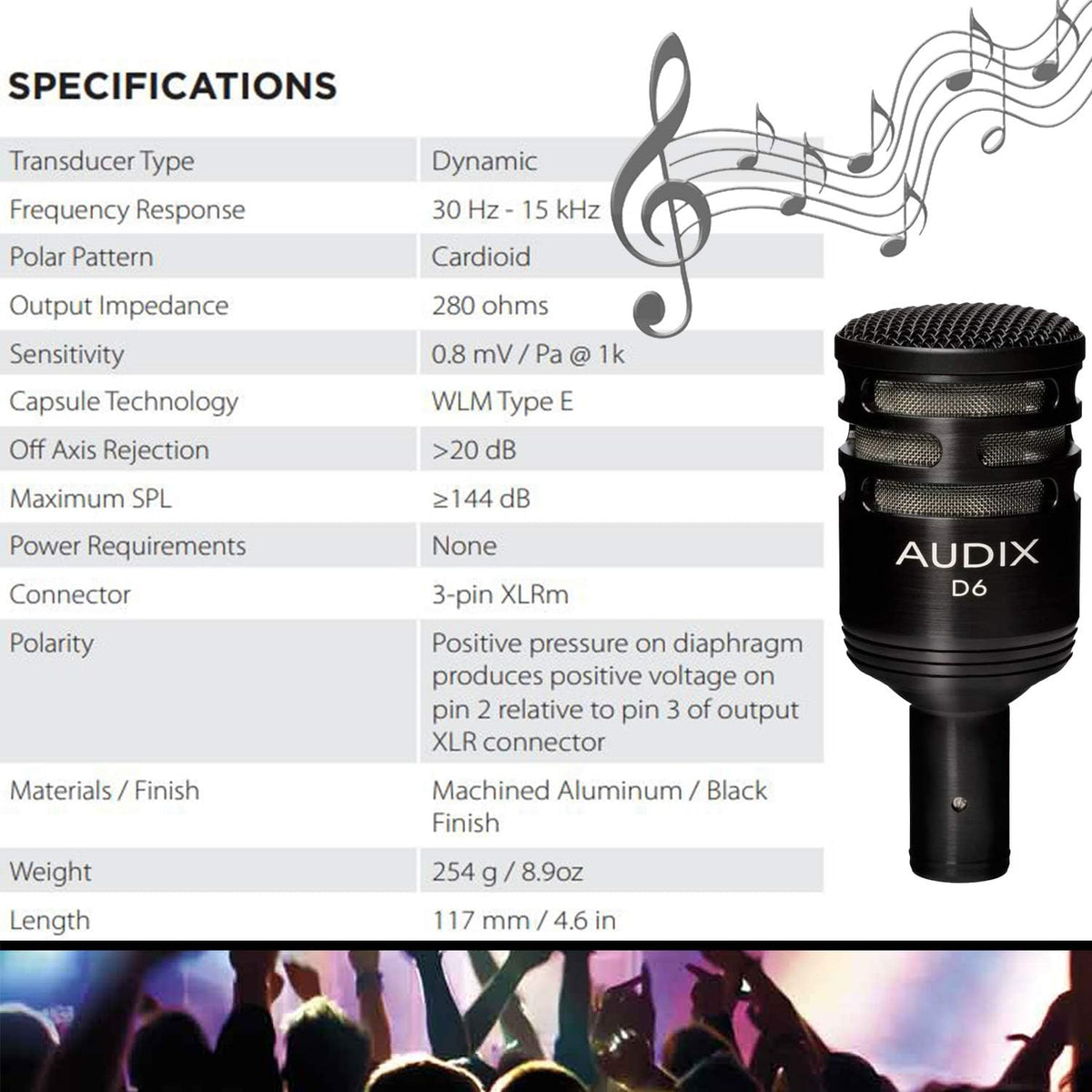Audix D6 Dynamic Microphone, Cardioid + Low Profile Microphone Stand with Telescoping Boom + XLR Mic Cable D3881