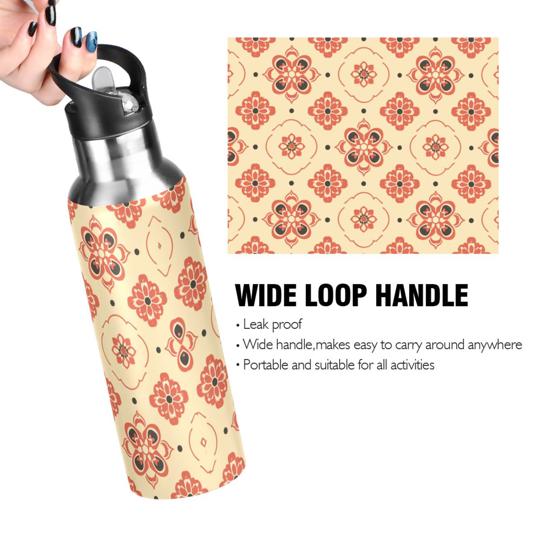 Boho Mandala Print Insulated Stainless Steel Water Bottle with Straw Lid 20 oz R435023