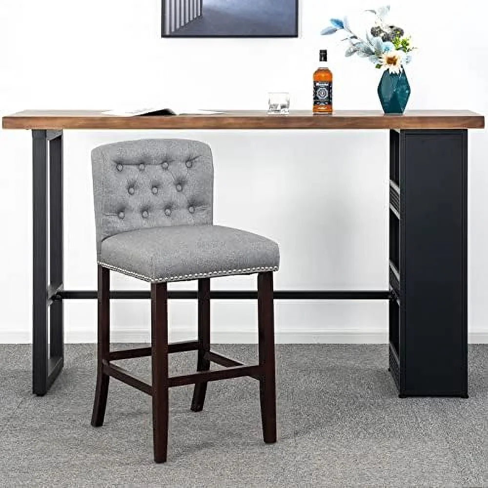 Linen Fabric Button Tufted Bar Stool with Back Solid Wood Legs G16897