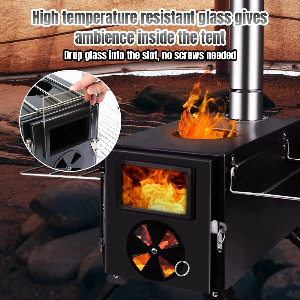 Camp Wood Stove with Chimney Pipes, Heat Resistant Glass & Gloves X570025