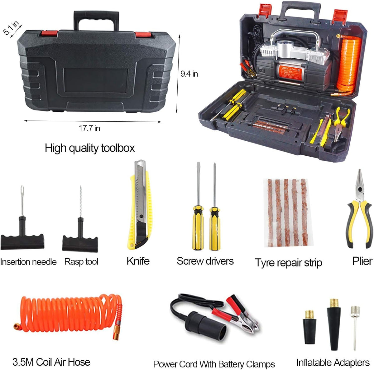150Psi 12V Dual Cylinders Air Compressor Pump with Tire Repair Kit Q88216