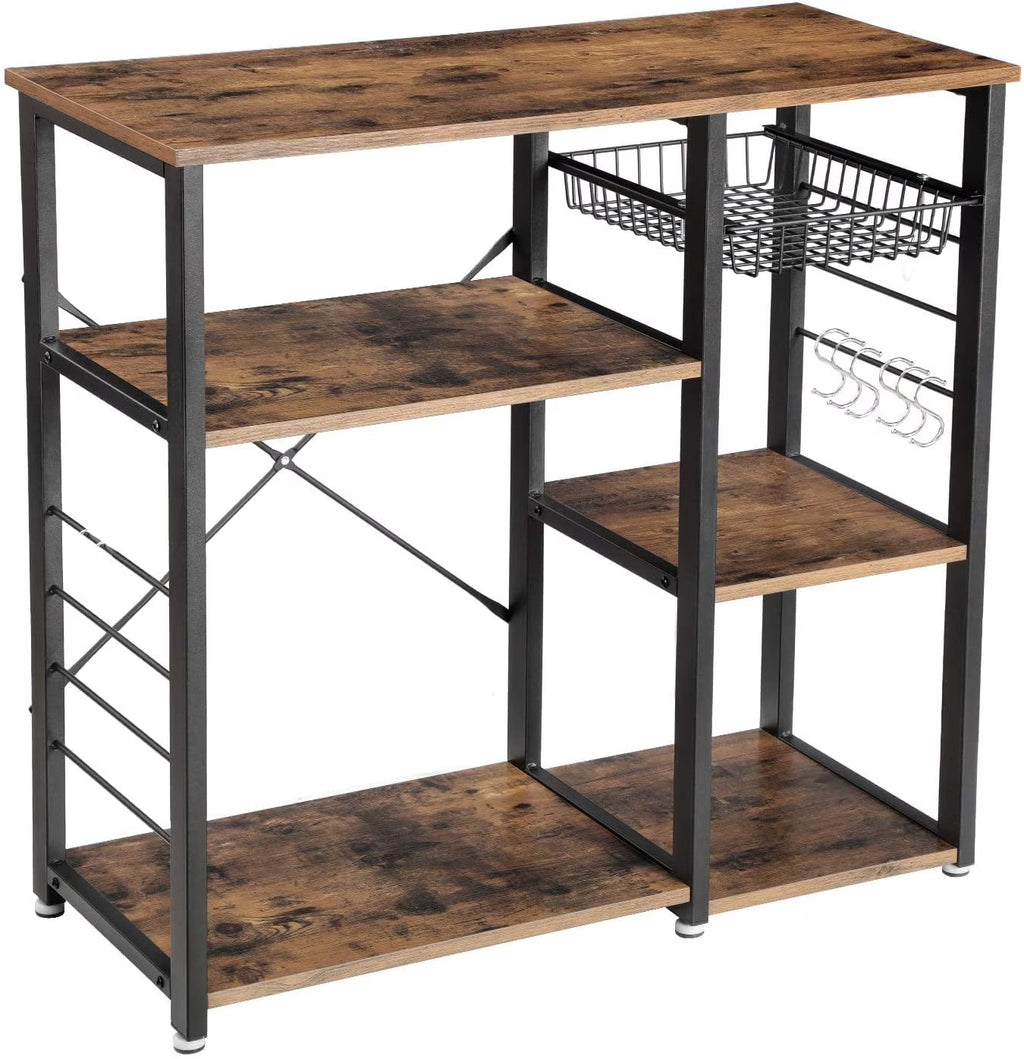 Rustic Brown Kitchen Baker’s Rack with Steel Frame Wire Basket 6 Hooks U3691
