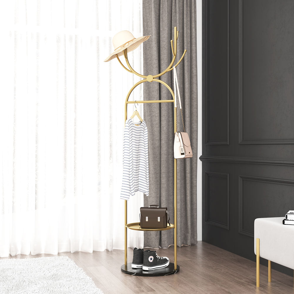 Metal Coat Rack Stand with Shelves and Hooks, Marble Base Z200