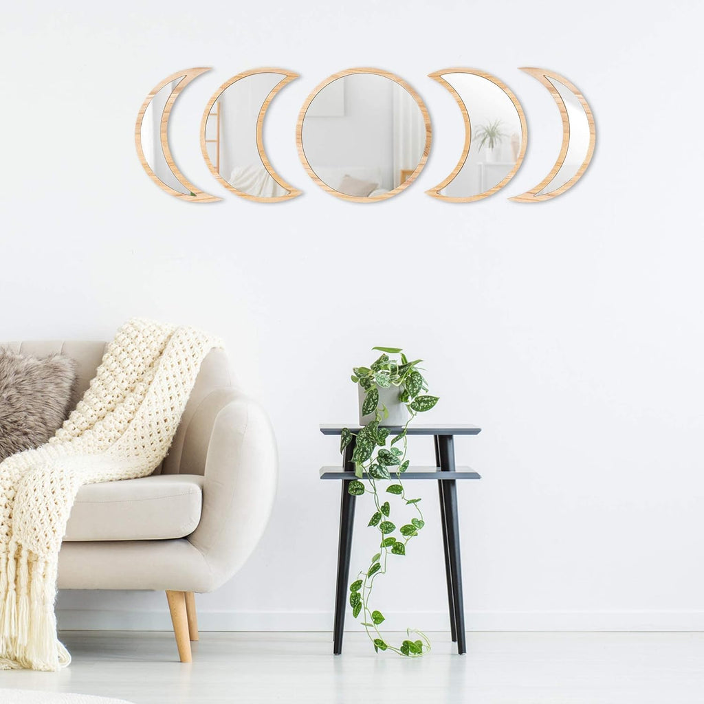 Scandinavian Moon Phase Mirror Set Glass Wood Frame Q8513