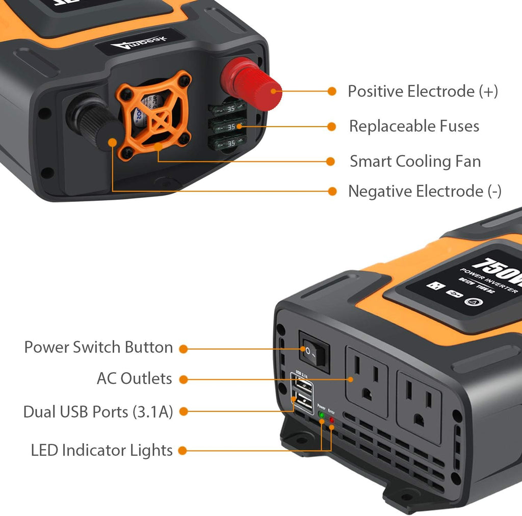 750W Power Inverter 12V DC to 110V AC Converter with Dual USB Dual AC Outlets E601