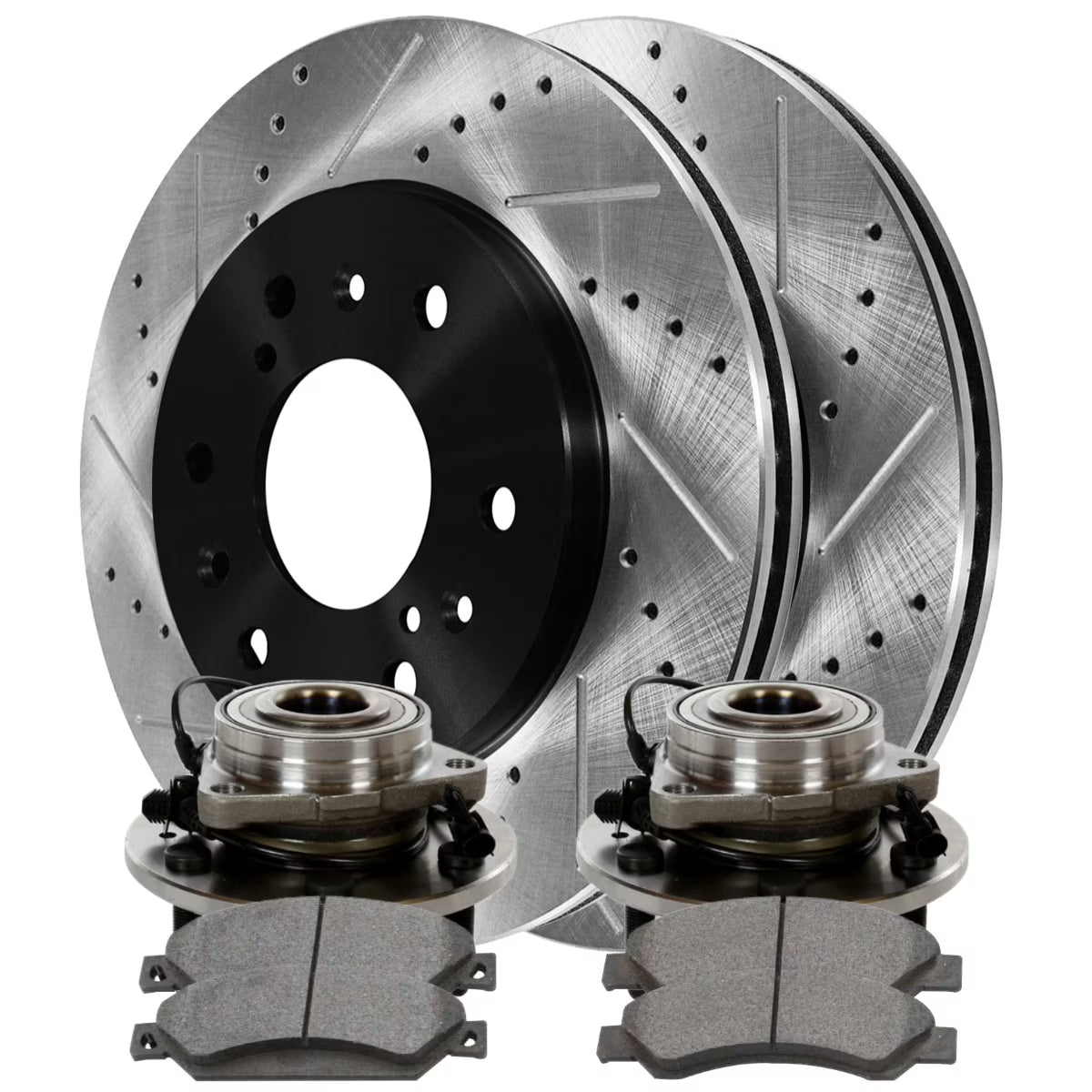 Front Wheel Bearing Hubs Drilled Slotted Rotors Black Ceramic Pads Kit Z68564