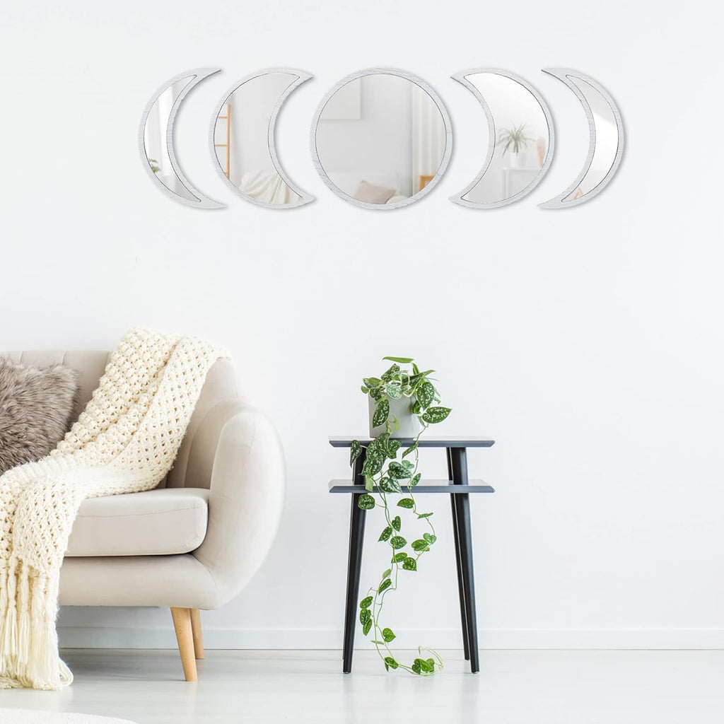 Scandinavian Moon Phase Mirror Set Glass Wood Frame Q8513