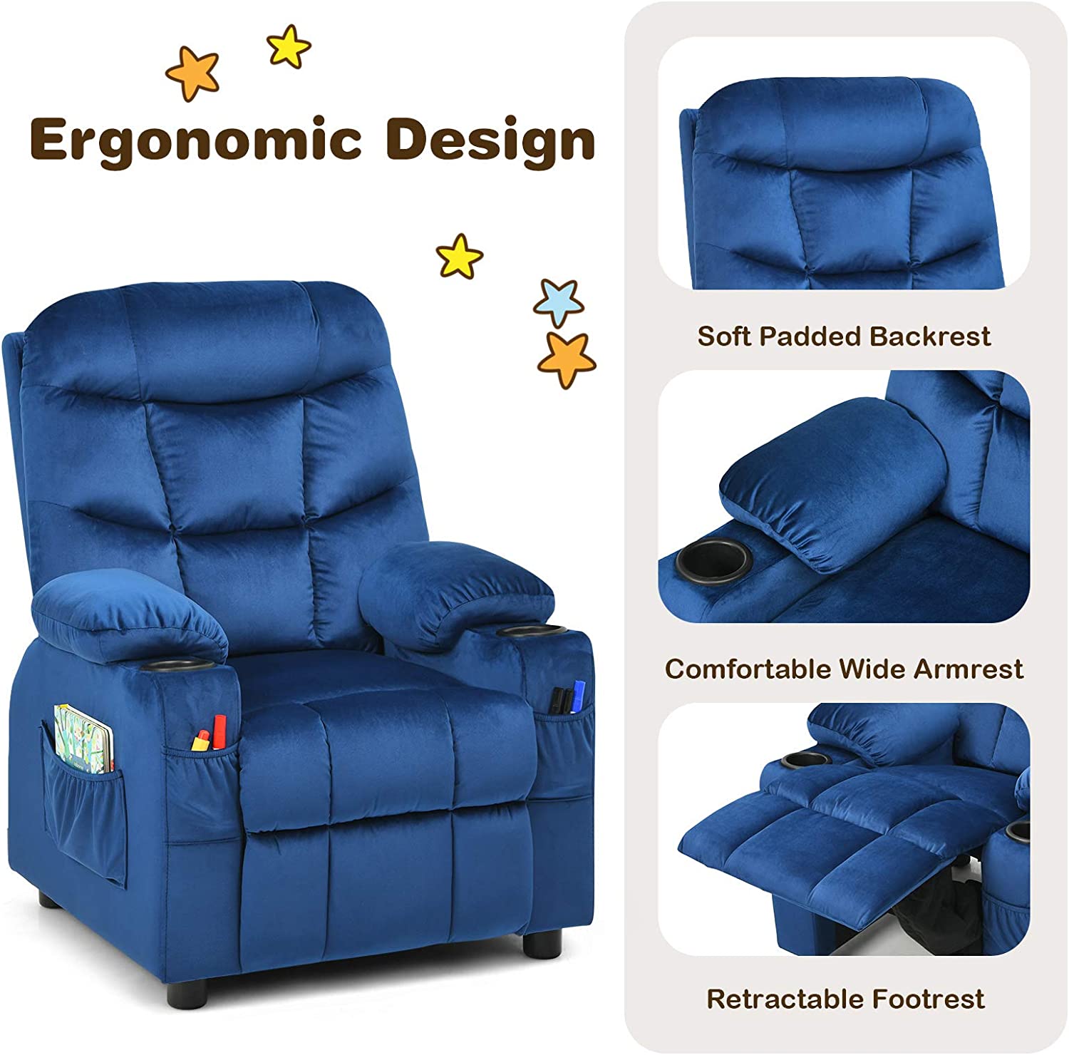 Kids Recliner Chair with Cup Holder Adjustable Velvet Lounge Chair w/Footrest & Side Pockets Ergonomic Toddler Furniture Sofa T326