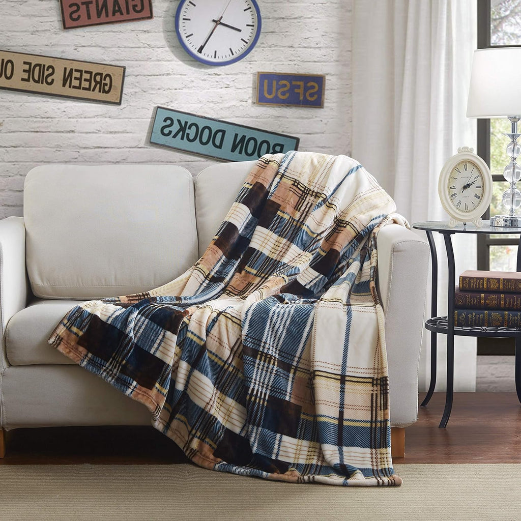 Blue Tan Farmhouse Plaid Plush Throw Blanket, 66x90 W162