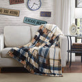 Blue Tan Farmhouse Plaid Plush Throw Blanket, 66x90 W162