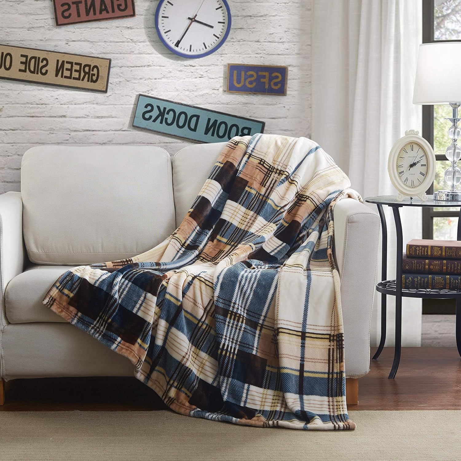 Blue Tan Farmhouse Plaid Plush Throw Blanket, 66x90 W162