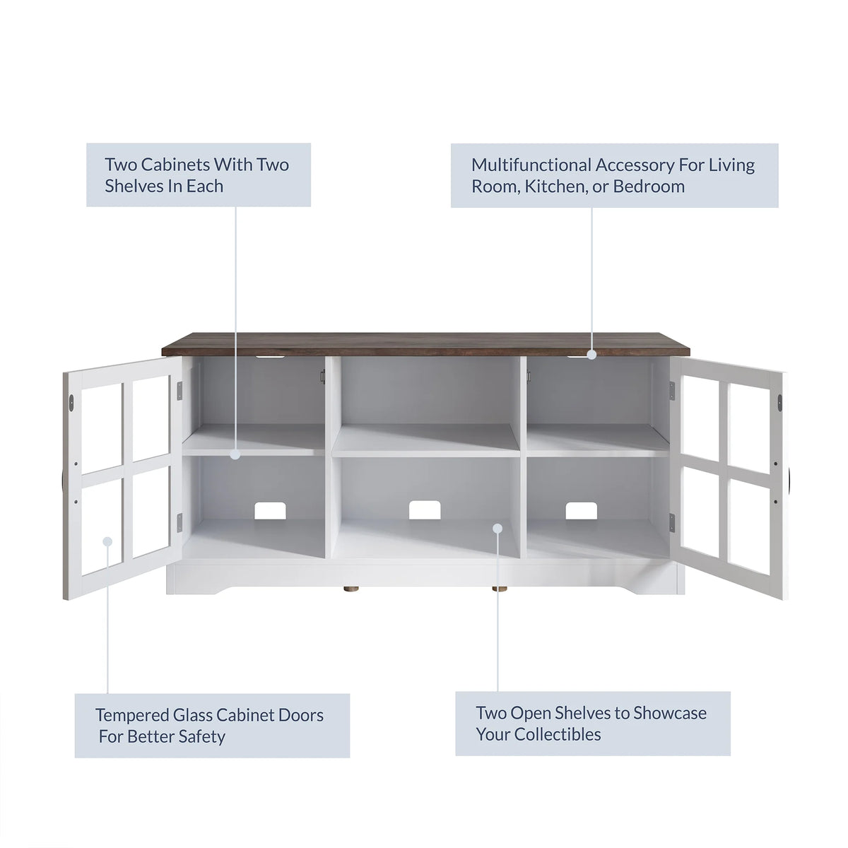 White TV Stand with Wood Glass Storage Cabinets E581011