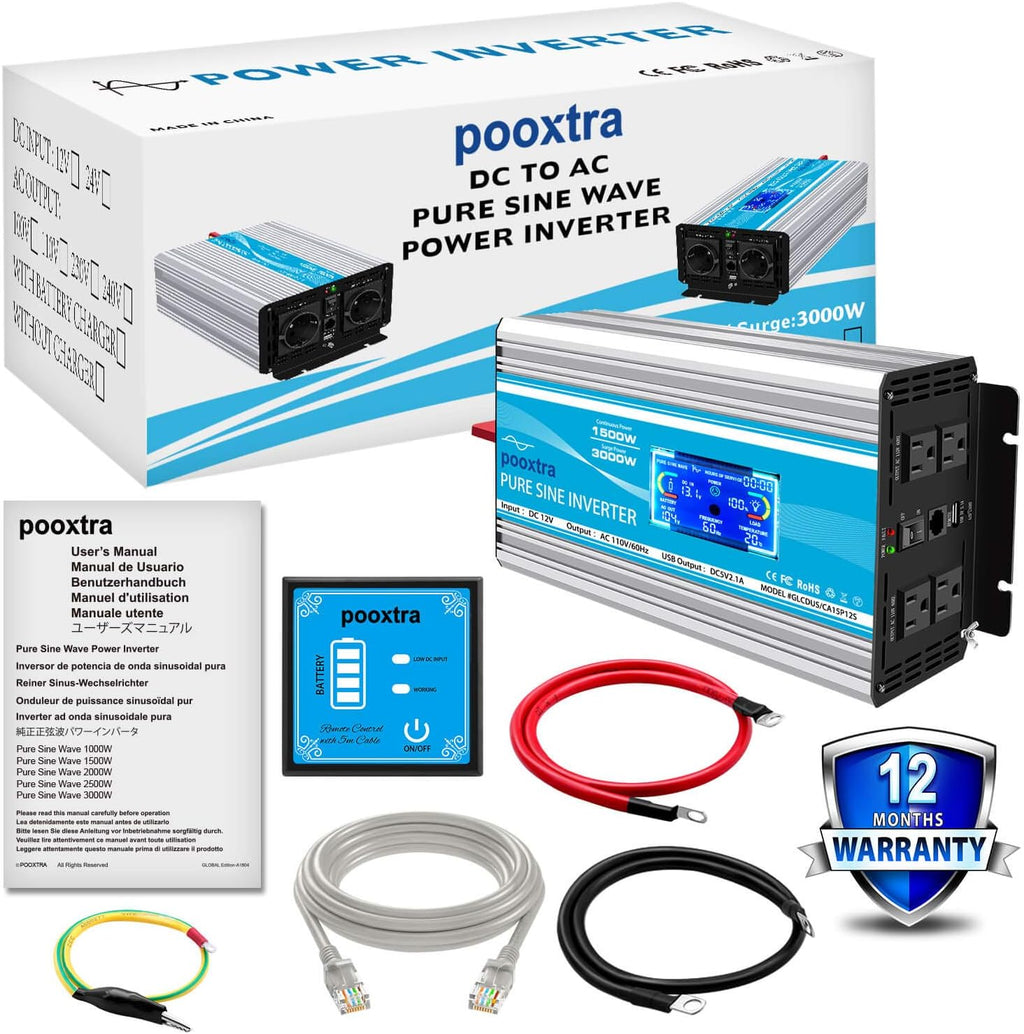 1500 Watt Pure Sine Wave Power Inverter 12V DC to 110V AC with LCD Display USB Port 4 AC Outlets N938281