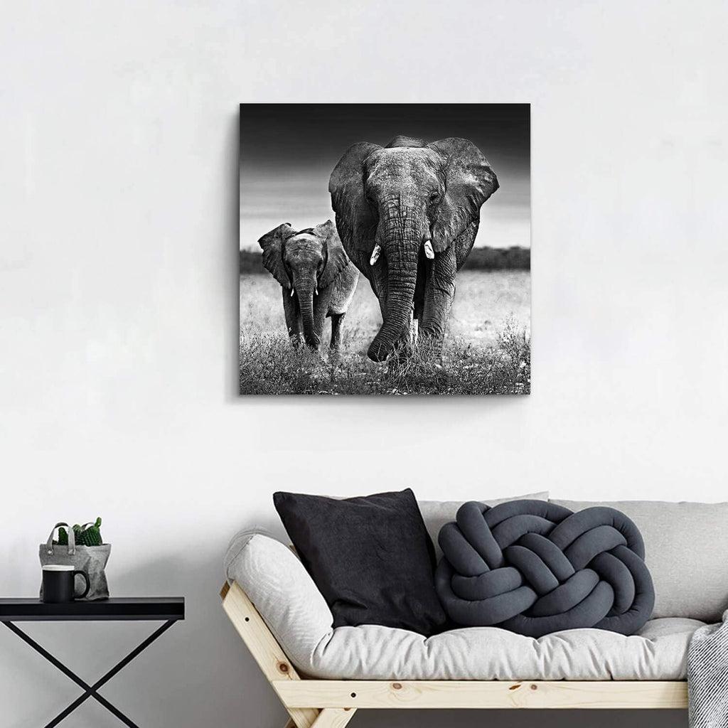 Black and White Elephant Mama and Baby Print on Canvas Wall Decor X42714