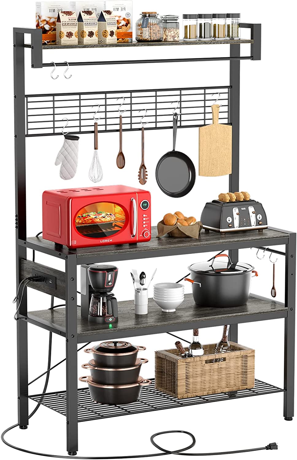 Rustic Brown 4-Tier Microwave Oven Stand with 10 Hooks E531973