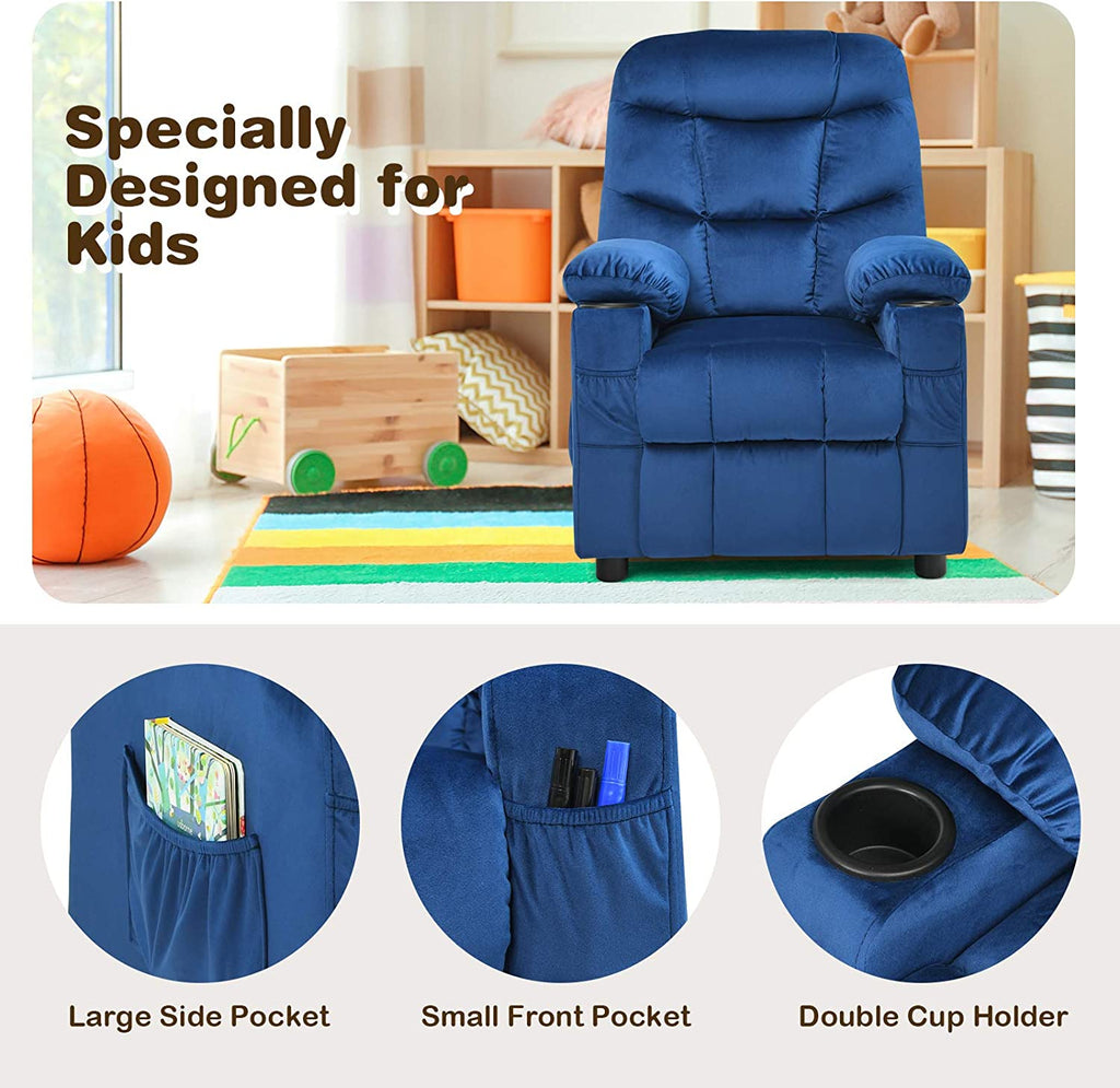 Kids Recliner Chair with Cup Holder Adjustable Velvet Lounge Chair w/Footrest & Side Pockets Ergonomic Toddler Furniture Sofa T326