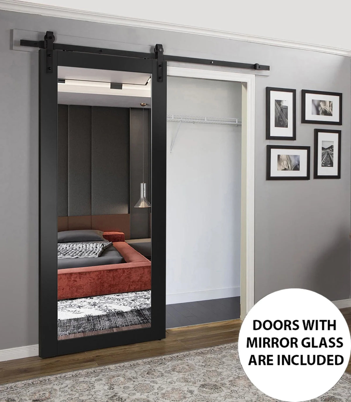 Matte Black Barn Door with Mirror Hardware Set R263
