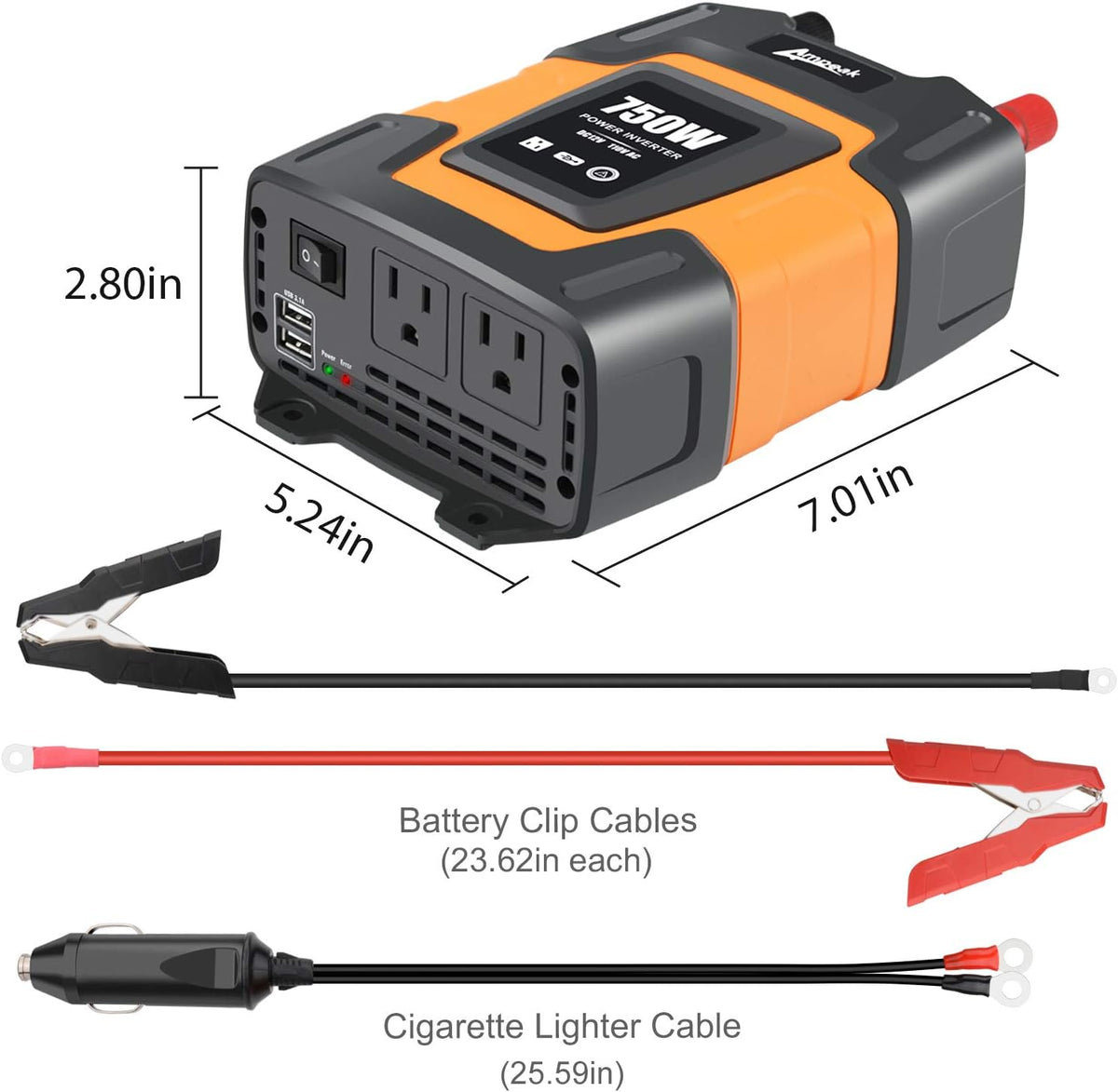 750W Power Inverter 12V DC to 110V AC Converter with Dual USB Dual AC Outlets E601