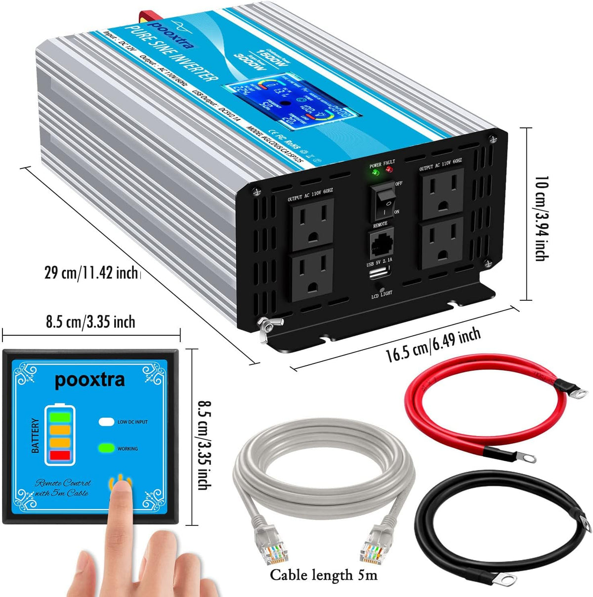 1500 Watt Pure Sine Wave Power Inverter 12V DC to 110V AC with LCD Display USB Port 4 AC Outlets N938281
