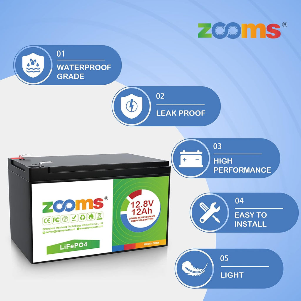 12.8V 12Ah LiFePO4 Deep Cycle Rechargeable Battery, Pack of 2 B357603