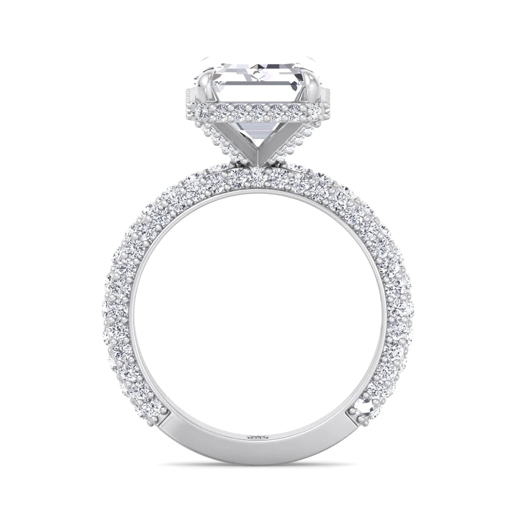 Moissanite Emerald Cut Lab Diamond Engagement Ring with Sidestones and Hidden Halo Q1489