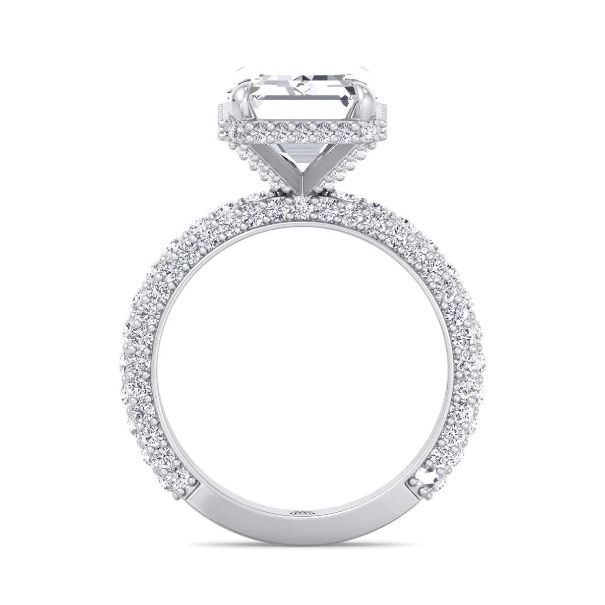 Moissanite Emerald Cut Lab Diamond Engagement Ring with Sidestones and Hidden Halo Q1489