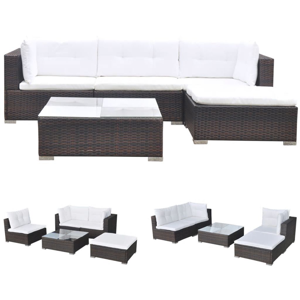 5 Piece Outdoor Sectional Sofa with Coffee Table and Ottoman Poly Rattan G636147