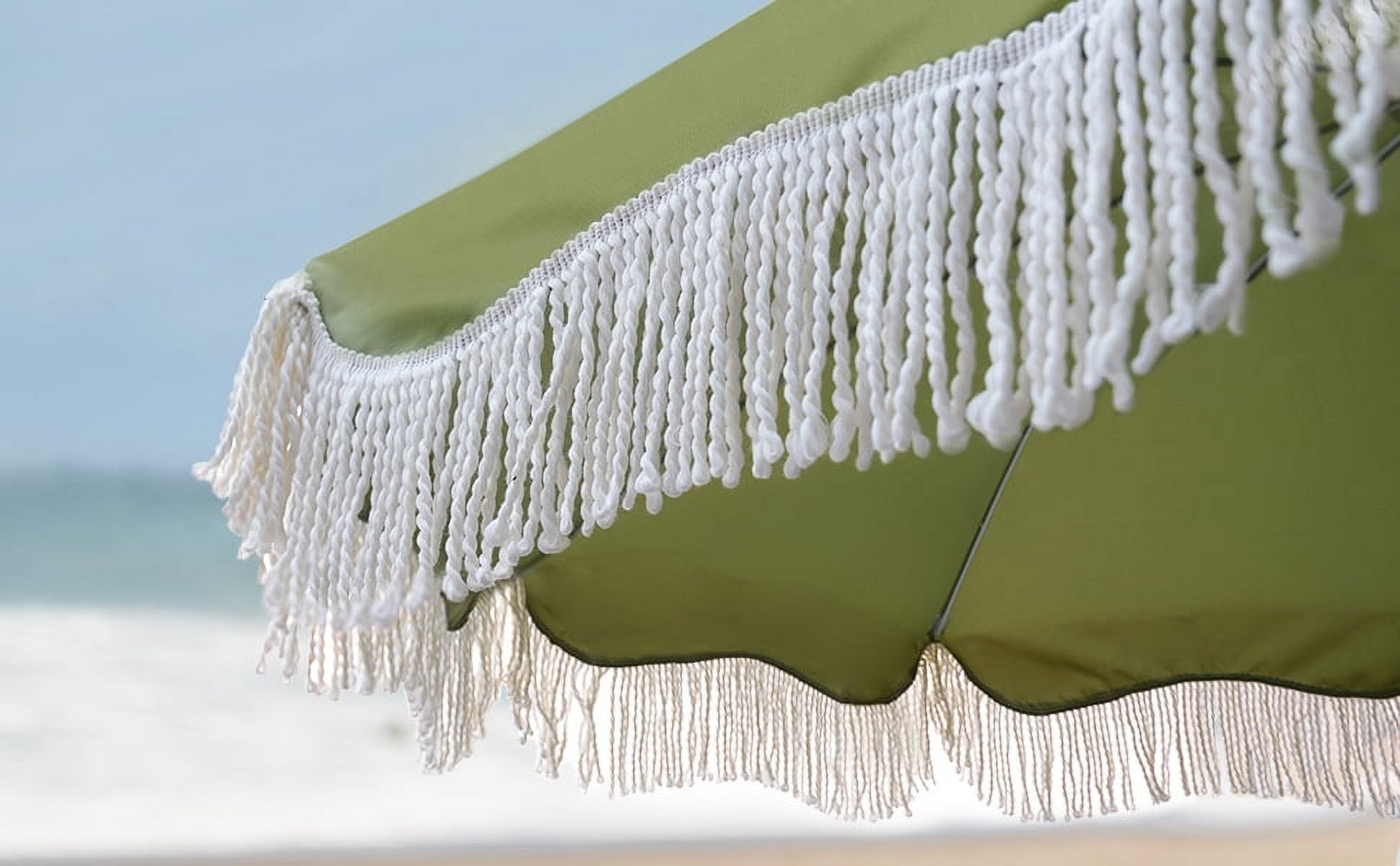 6.5ft Boho Fringe Beach Umbrella with Tassel Wood Pole UPF50+ UV Protection, Green S916
