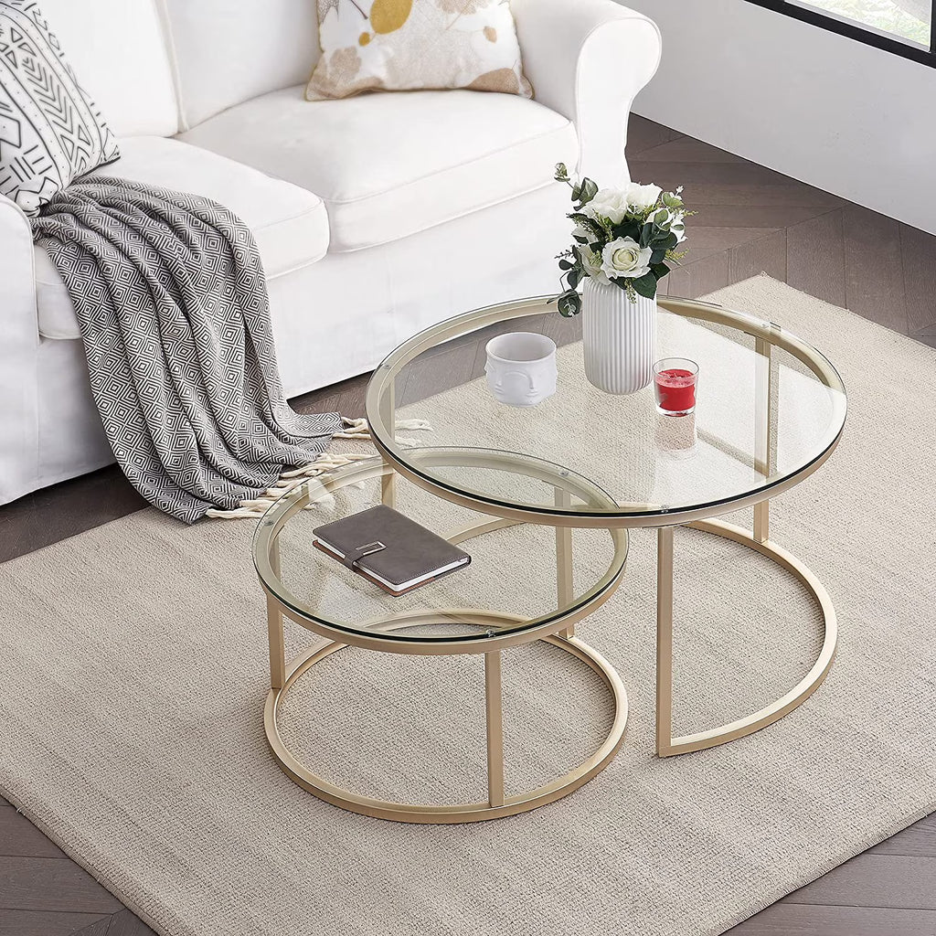 Gold Round Nesting Coffee Table Set of 2 with Tempered Glass H3942