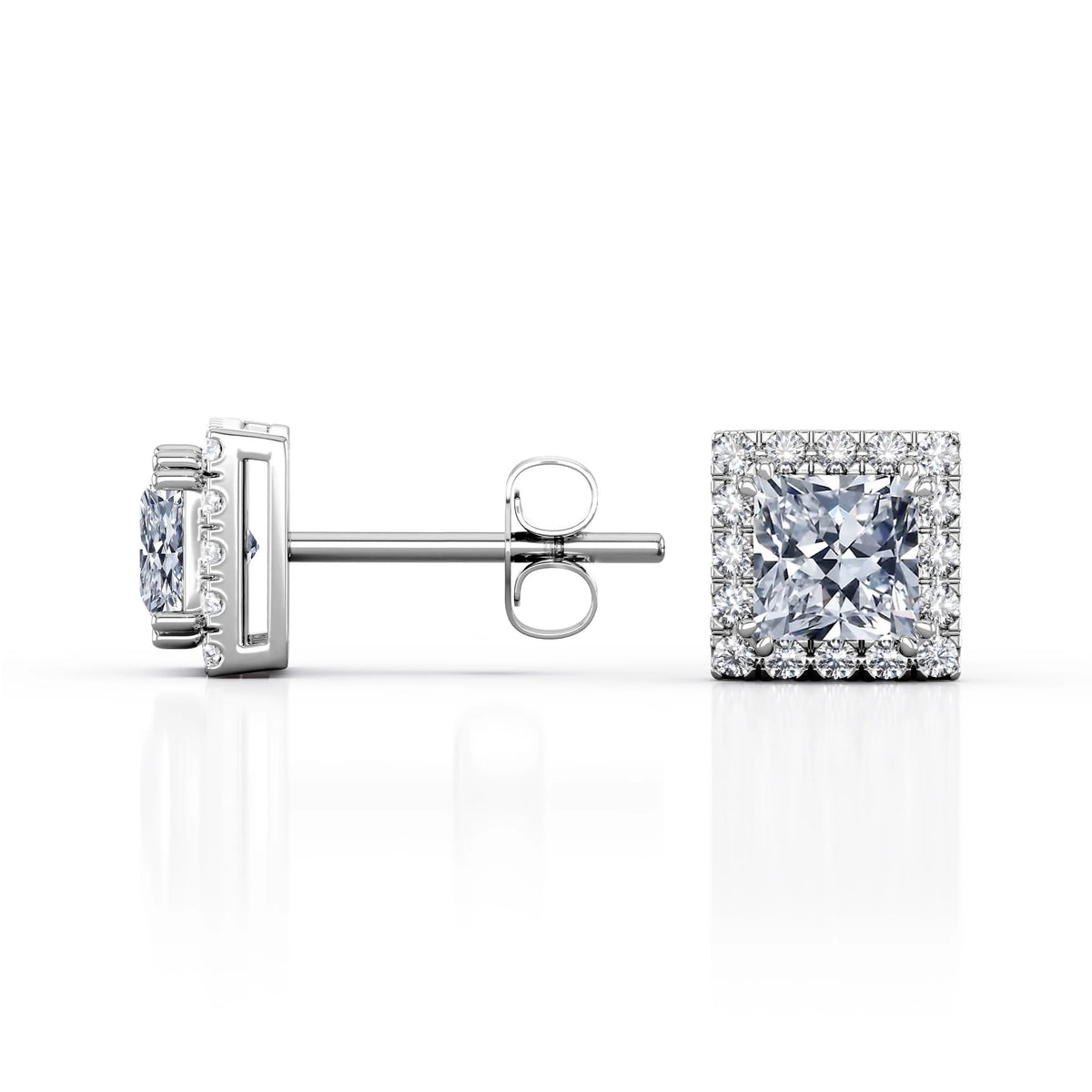 Double Prong 0.43 Carat Princess Cut Diamond Halo Stud Earrings in 10K White Gold V164683