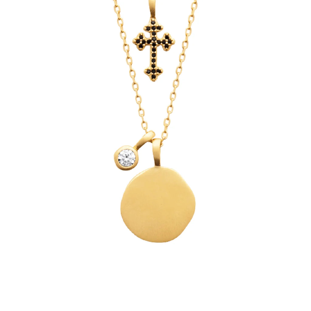 18K Gold Plated Double Necklace with Cubic Zirconia and Black Cross I99591