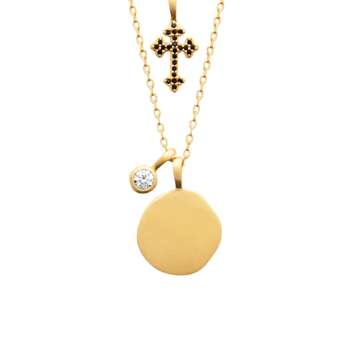 18K Gold Plated Double Necklace with Cubic Zirconia and Black Cross I99591
