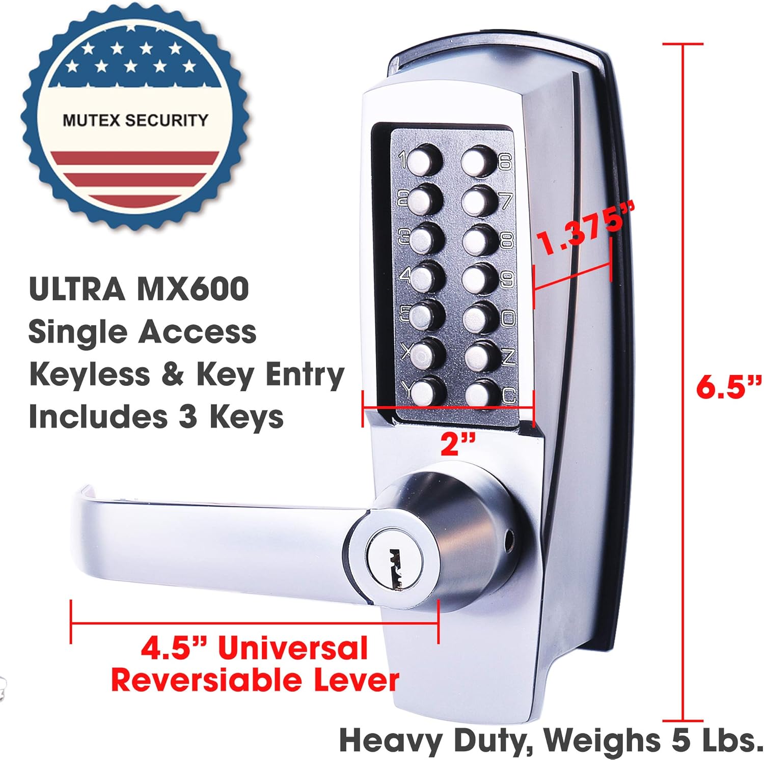 Satin Chrome Keyless Lever Lock with Keypad, Pack of 2 Q543