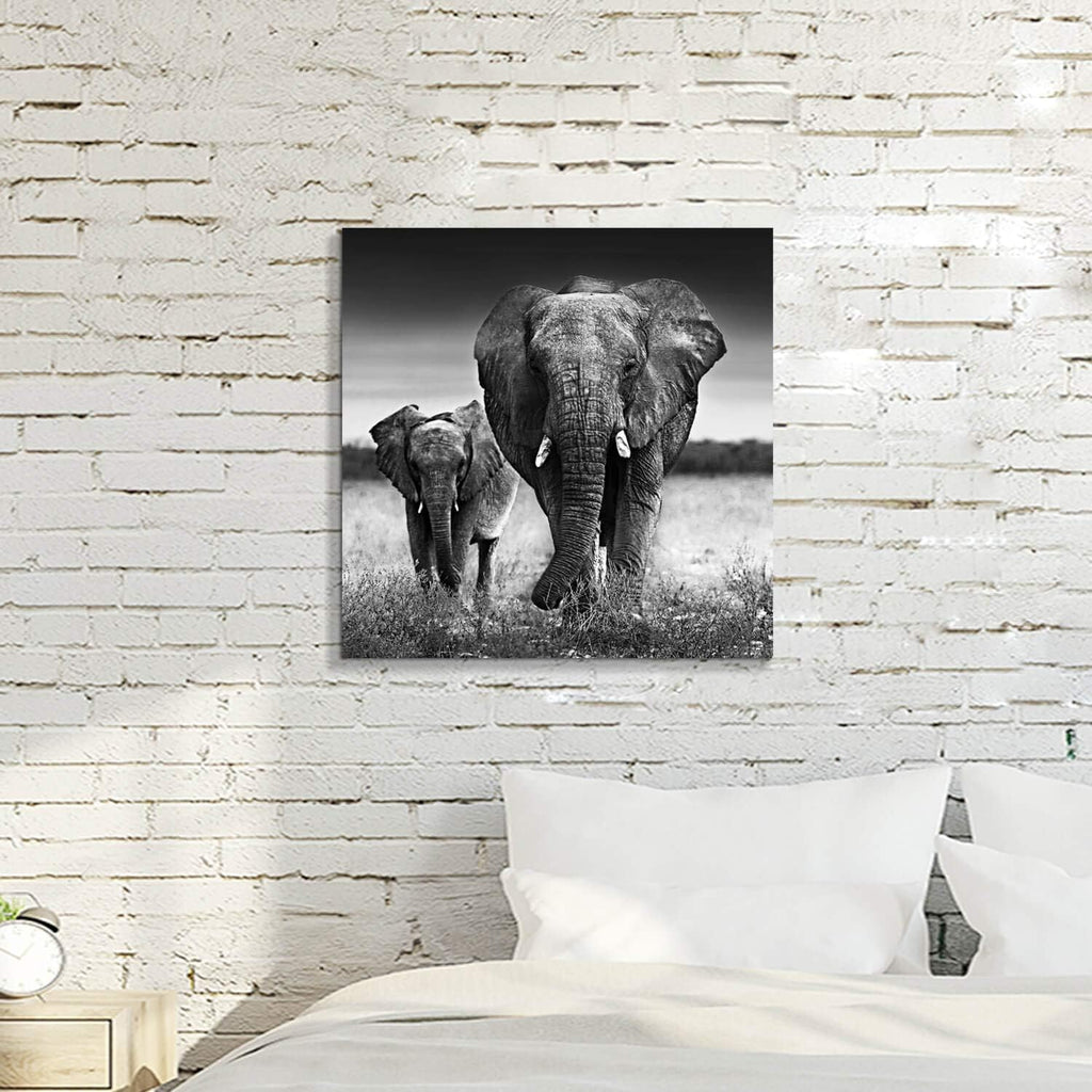 Black and White Elephant Mama and Baby Print on Canvas Wall Decor X42714