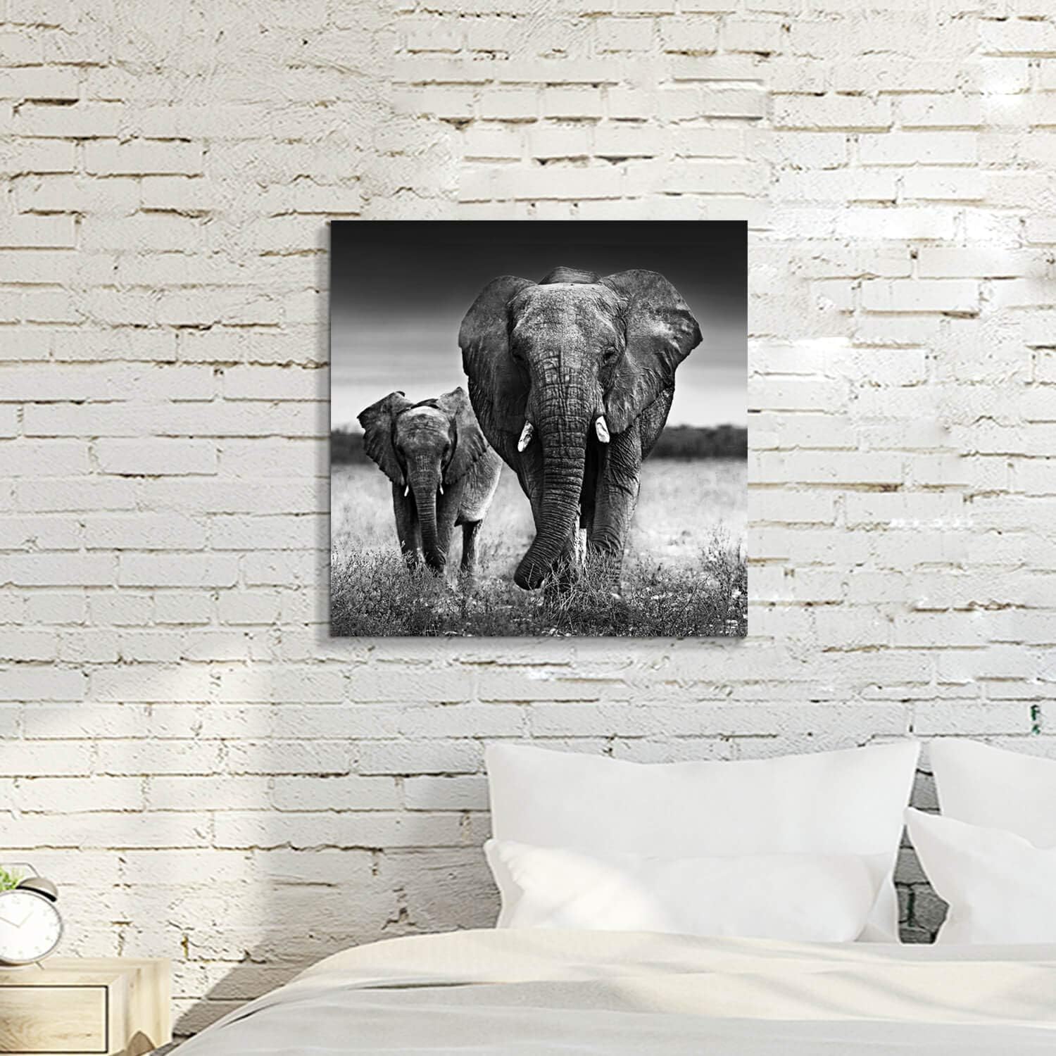 Black and White Elephant Mama and Baby Print on Canvas Wall Decor X42714