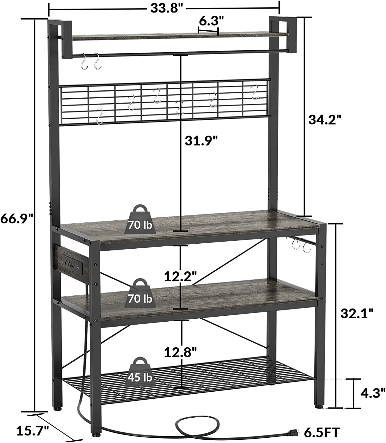 Rustic Brown 4-Tier Microwave Oven Stand with 10 Hooks E531973