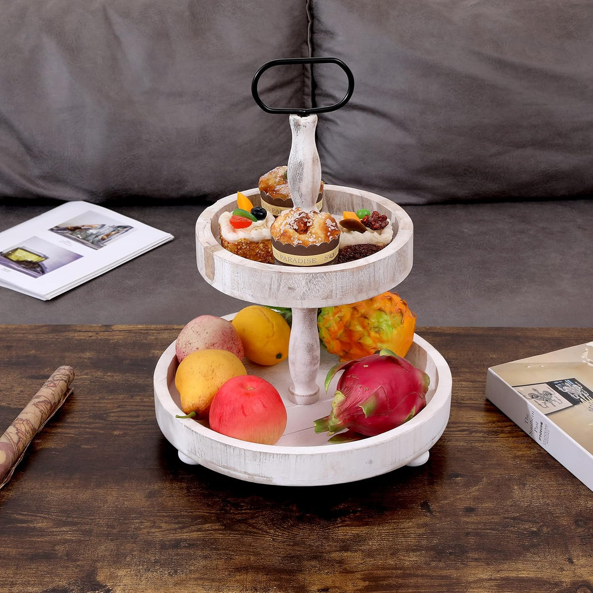 Rustic 2 Tier Cake Stand with Handle and Coaster J1562