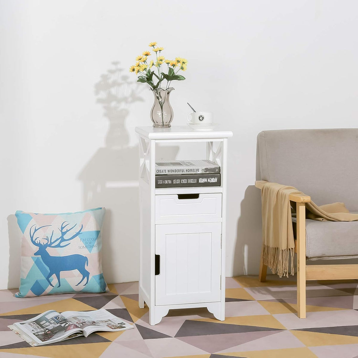 White Solid Wood End Table with Drawer and Doors A79255