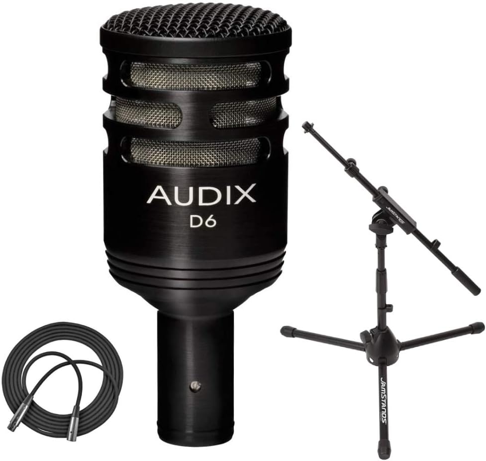 Audix D6 Dynamic Microphone, Cardioid + Low Profile Microphone Stand with Telescoping Boom + XLR Mic Cable D3881