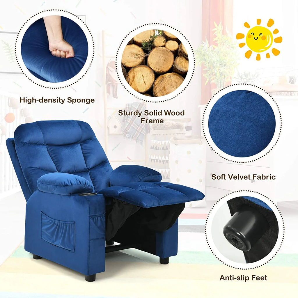 Kids Recliner Chair with Cup Holder Adjustable Velvet Lounge Chair w/Footrest & Side Pockets Ergonomic Toddler Furniture Sofa T326