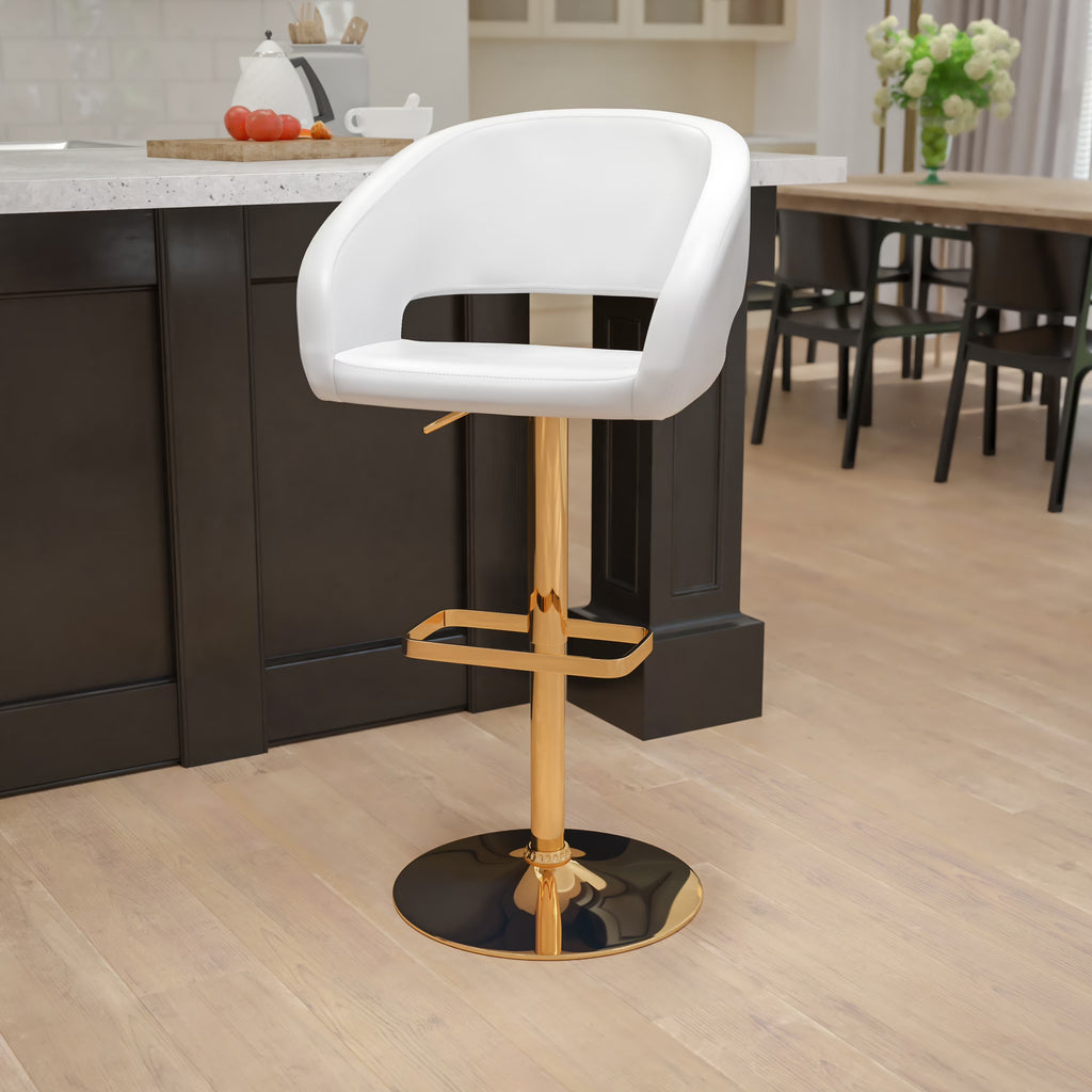 White Vinyl Upholstered Adjustable Height Barstool with Gold Pedestal Base B443347